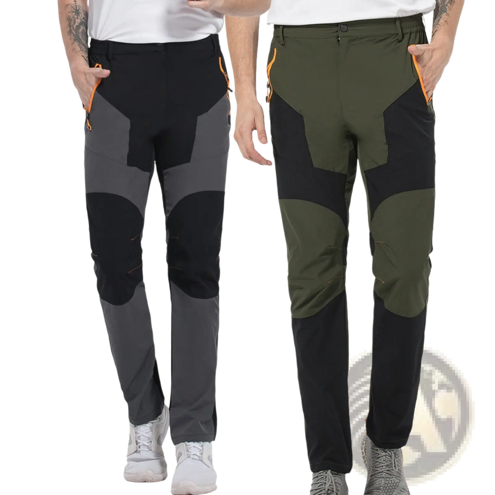 Men quick dry tactical hiking pants in black gray and olive green with orange zipper accents for outdoor use