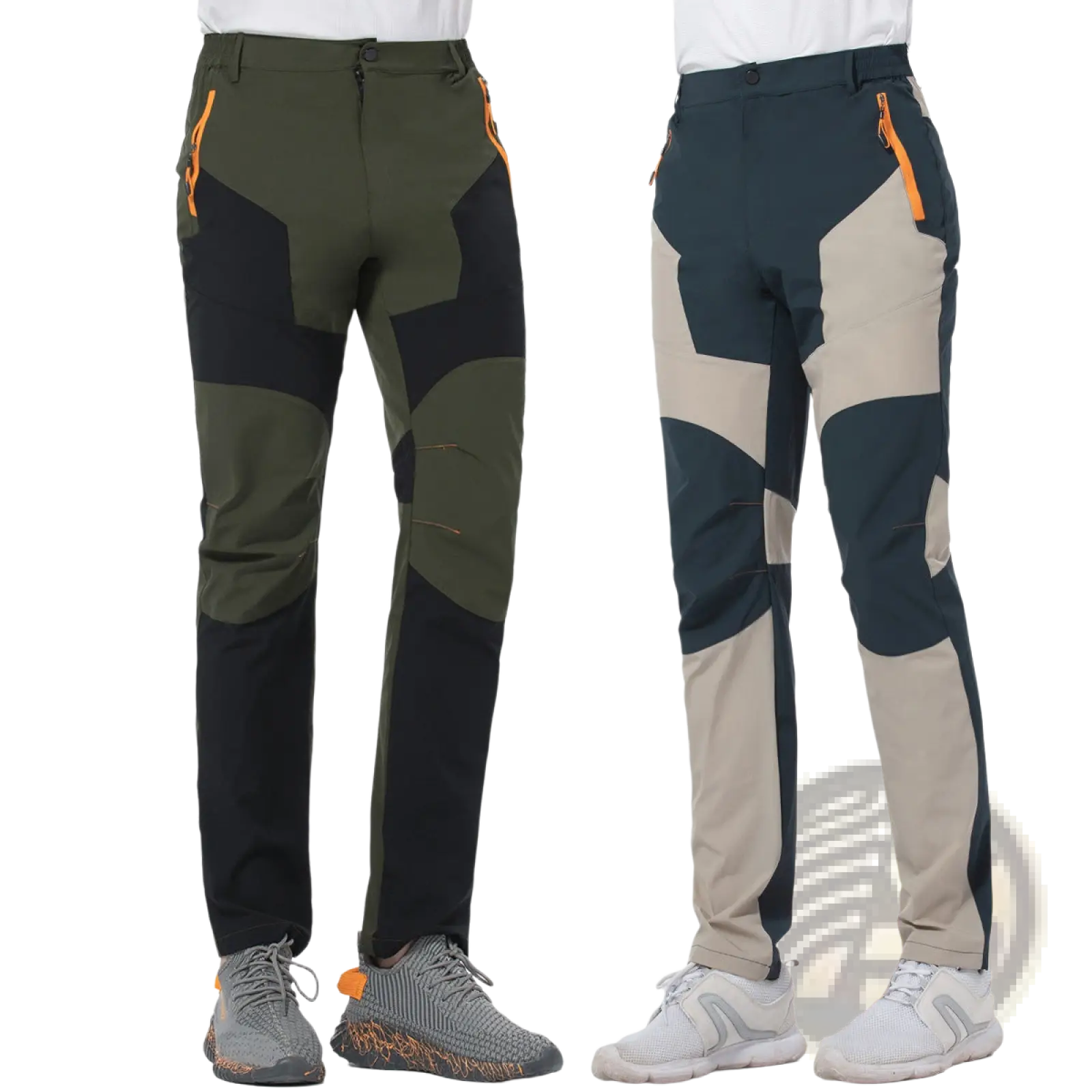 Two pairs of men quick dry tactical hiking pants in olive black with orange zippers and navy beige with matching accents