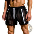 Black mesh quick dry athletic shorts with white side stripes and matching drawstring waistband for men