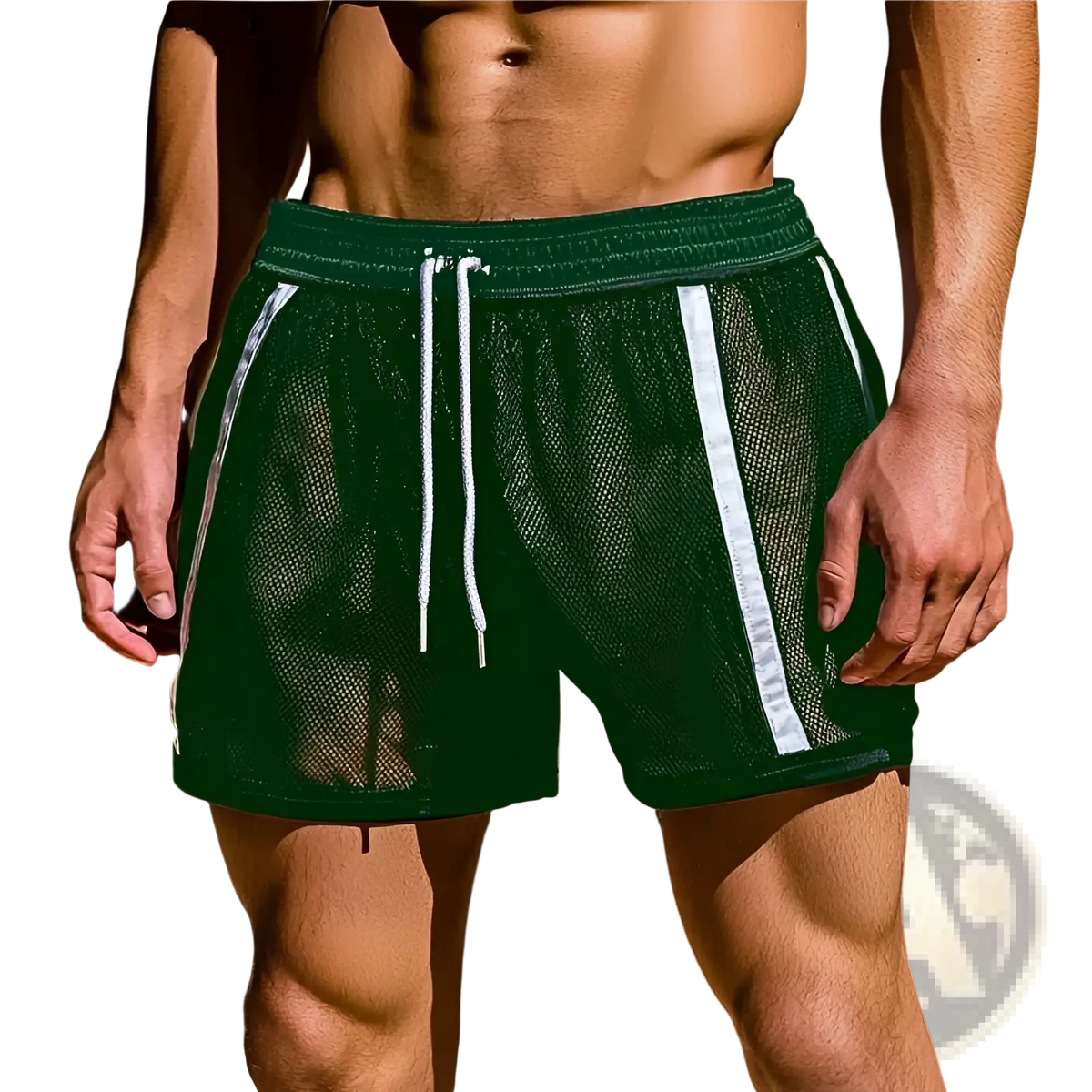 Dark green mesh men athletic shorts with white side stripes and matching drawstrings for quick dry performance