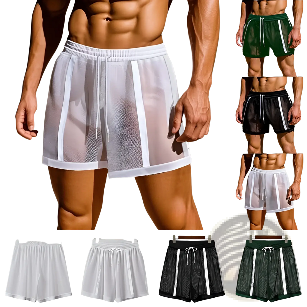 Men quick dry white mesh athletic shorts with solid white side panels and a drawstring waistband