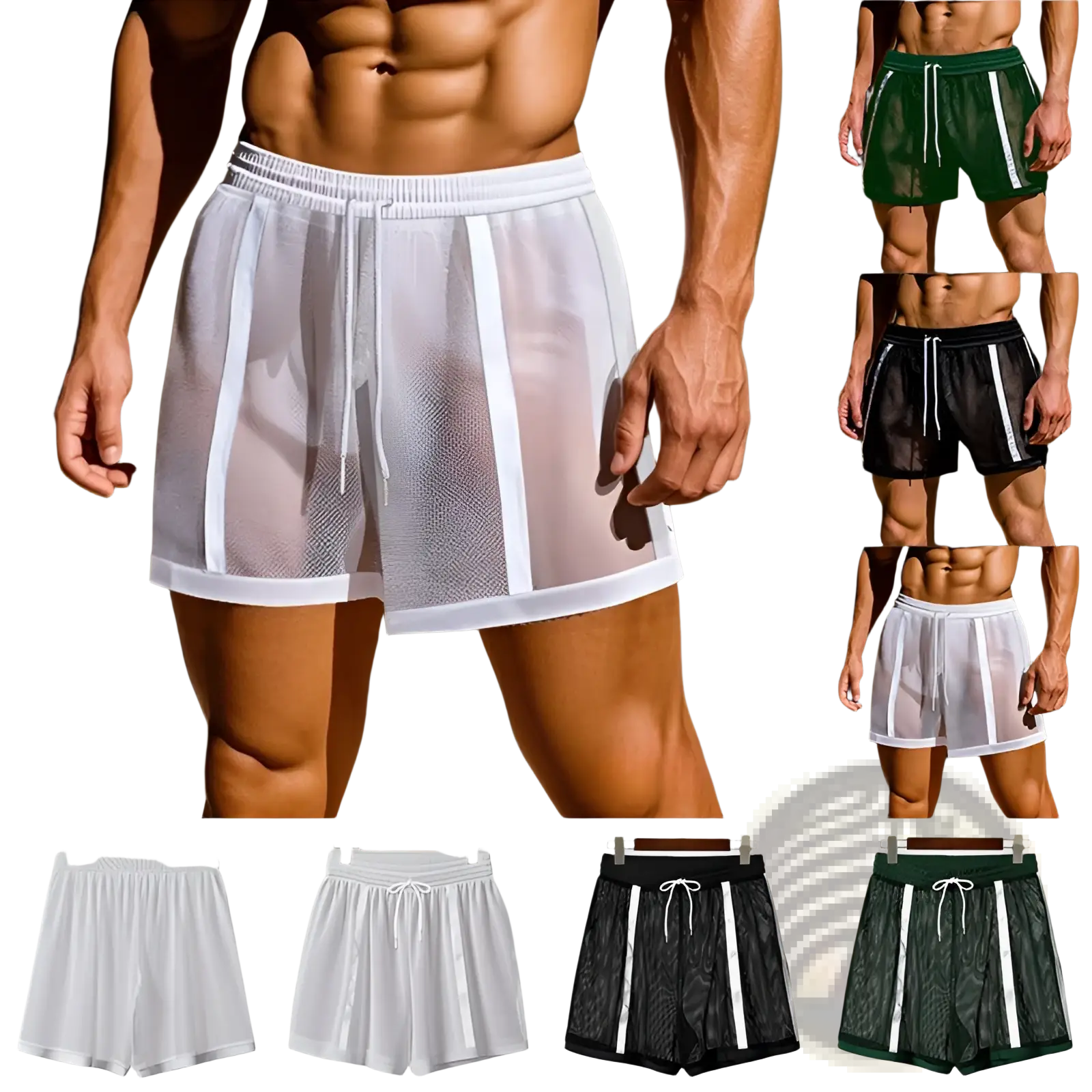Men quick dry white mesh athletic shorts with solid white side panels and a drawstring waistband