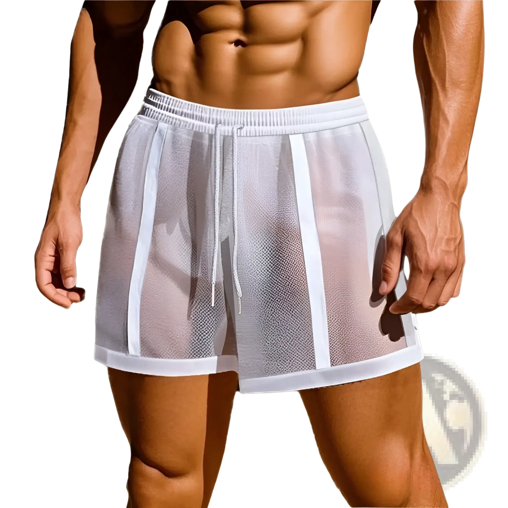 Men quick dry white mesh athletic shorts with solid white side panels and matching drawstring waistband displayed front side