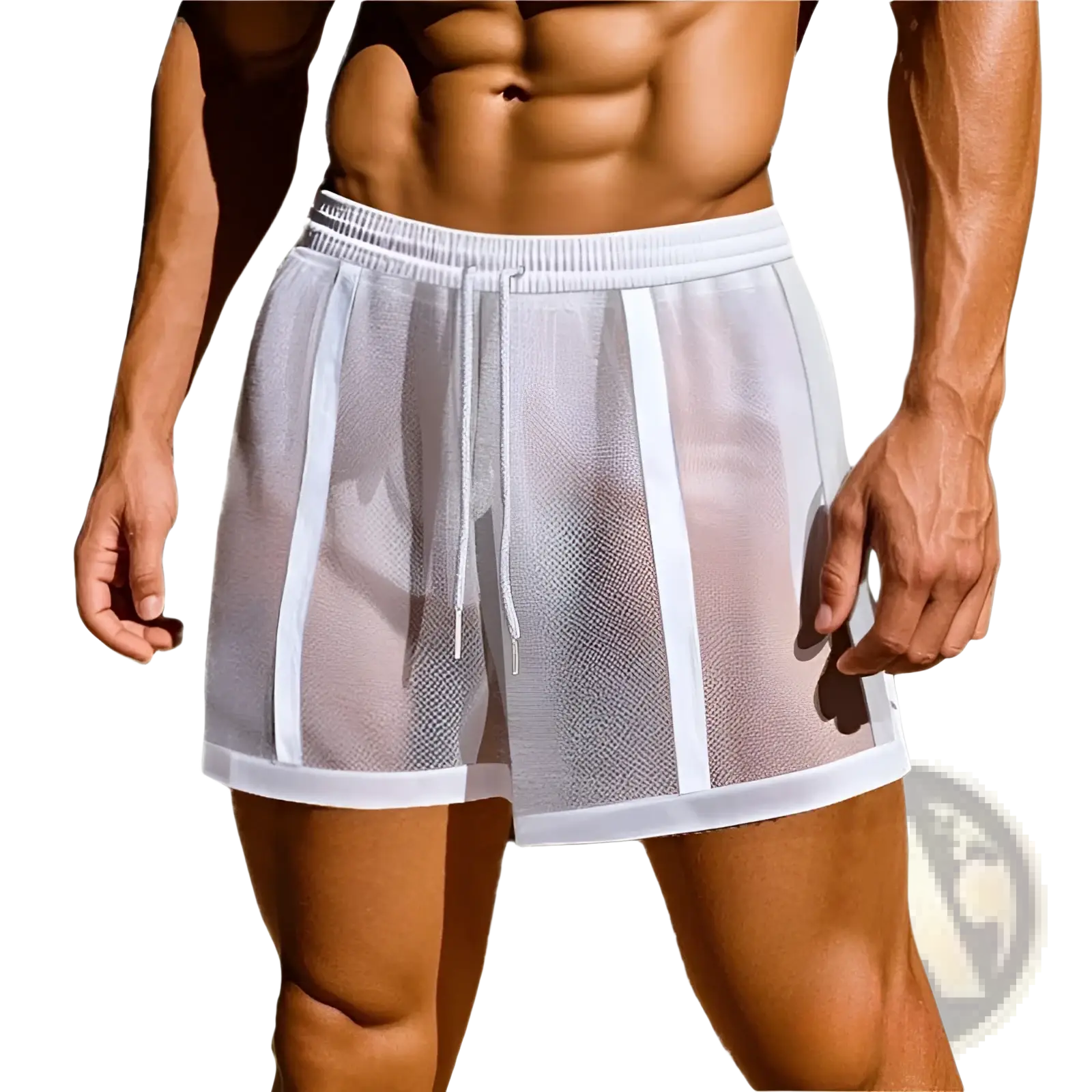 Men quick dry white mesh athletic shorts with solid white side panels and matching drawstring waistband displayed front side