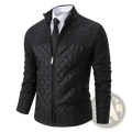Men quilted knit stand collar cardigan sweater in black with quilted body and textured knit collar and cuffs