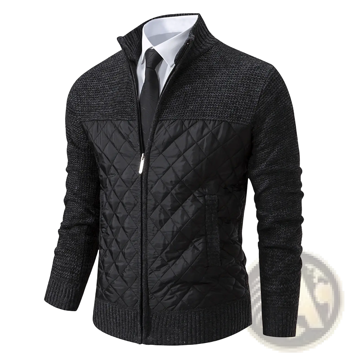 Men quilted knit stand collar cardigan sweater in black with quilted body and textured knit collar and cuffs