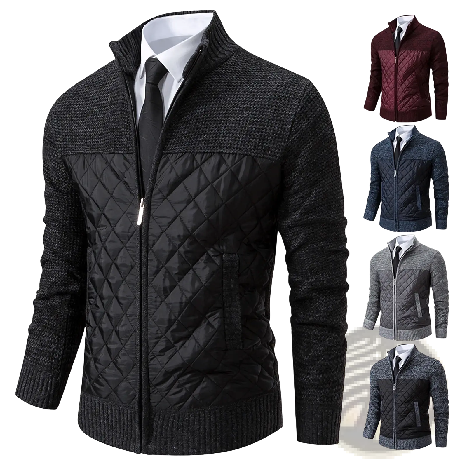 Men quilted knit stand collar cardigan sweater in black with quilted body and textured knit collar and cuffs