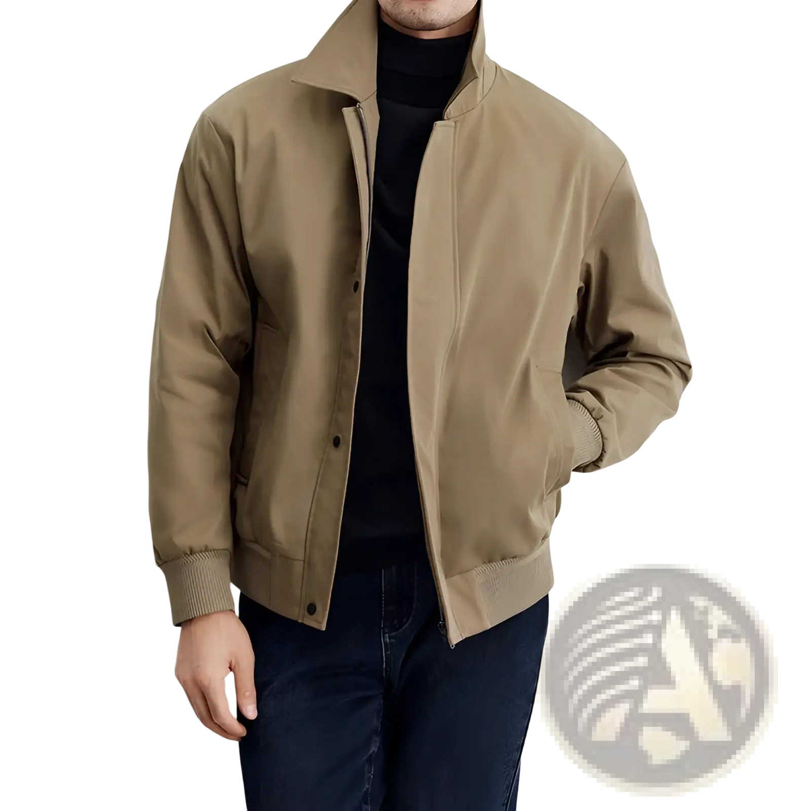 Men quilted lapel executive jacket in beige with ribbed cuffs and hem and a front zipper closure