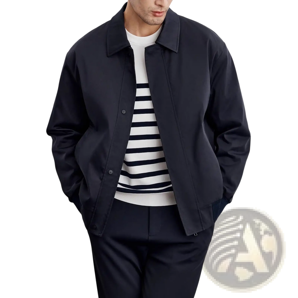 Men quilted lapel executive jacket in black with a classic collar and button closure in bomber style