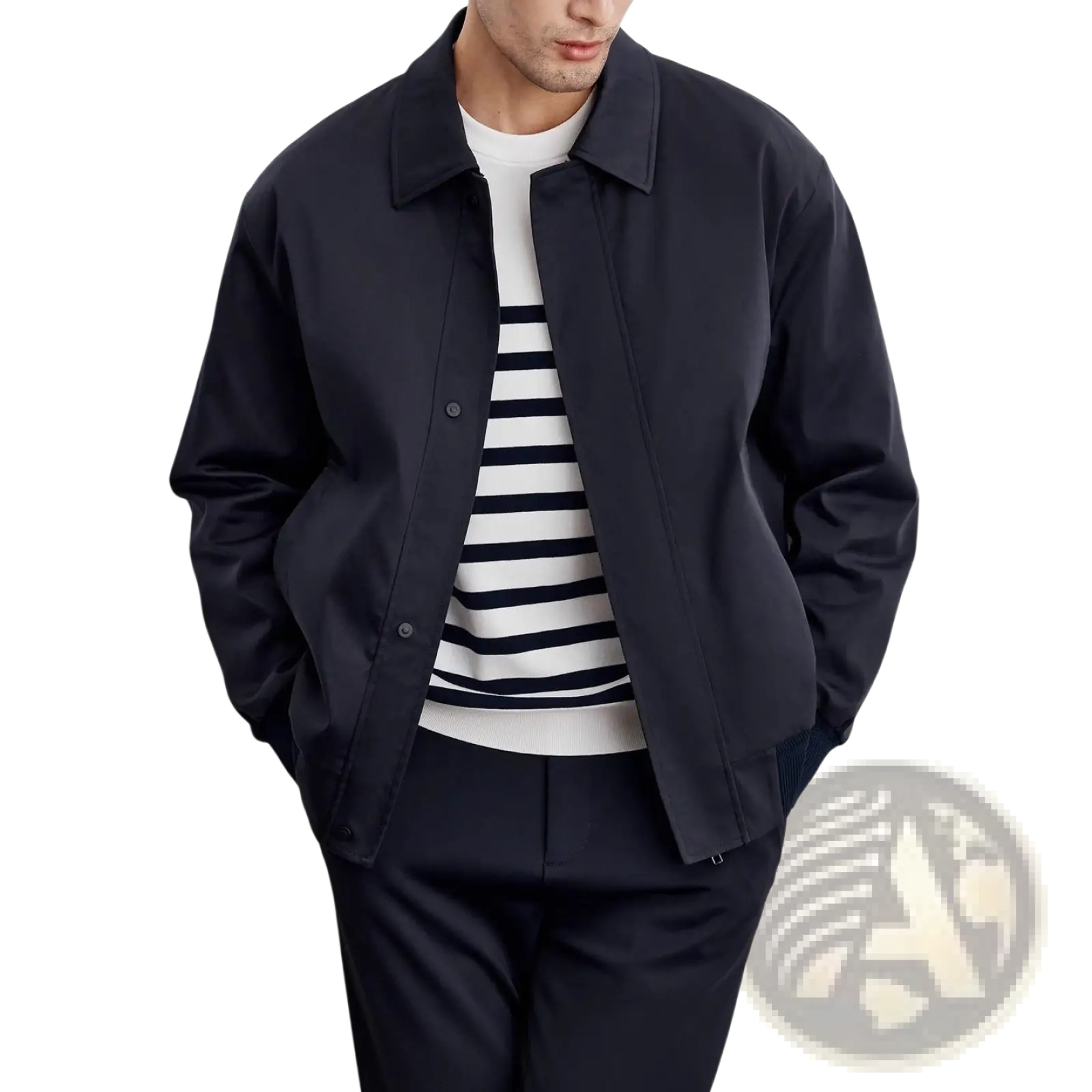 Men quilted lapel executive jacket in black with a classic collar and button closure in bomber style