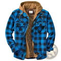 Men quilted plaid hooded jacket in blue and black flannel with tan quilted lining for added warmth and comfort