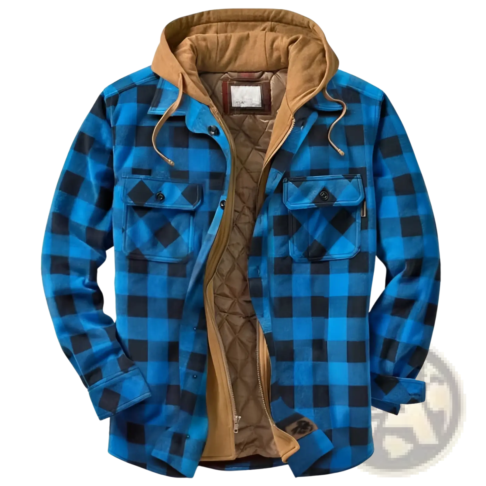 Men quilted plaid hooded jacket in blue and black flannel with tan quilted lining for added warmth and comfort