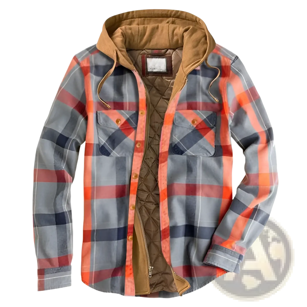 Men quilted plaid hooded jacket in gray orange and navy flannel with quilted tan lining and button closures