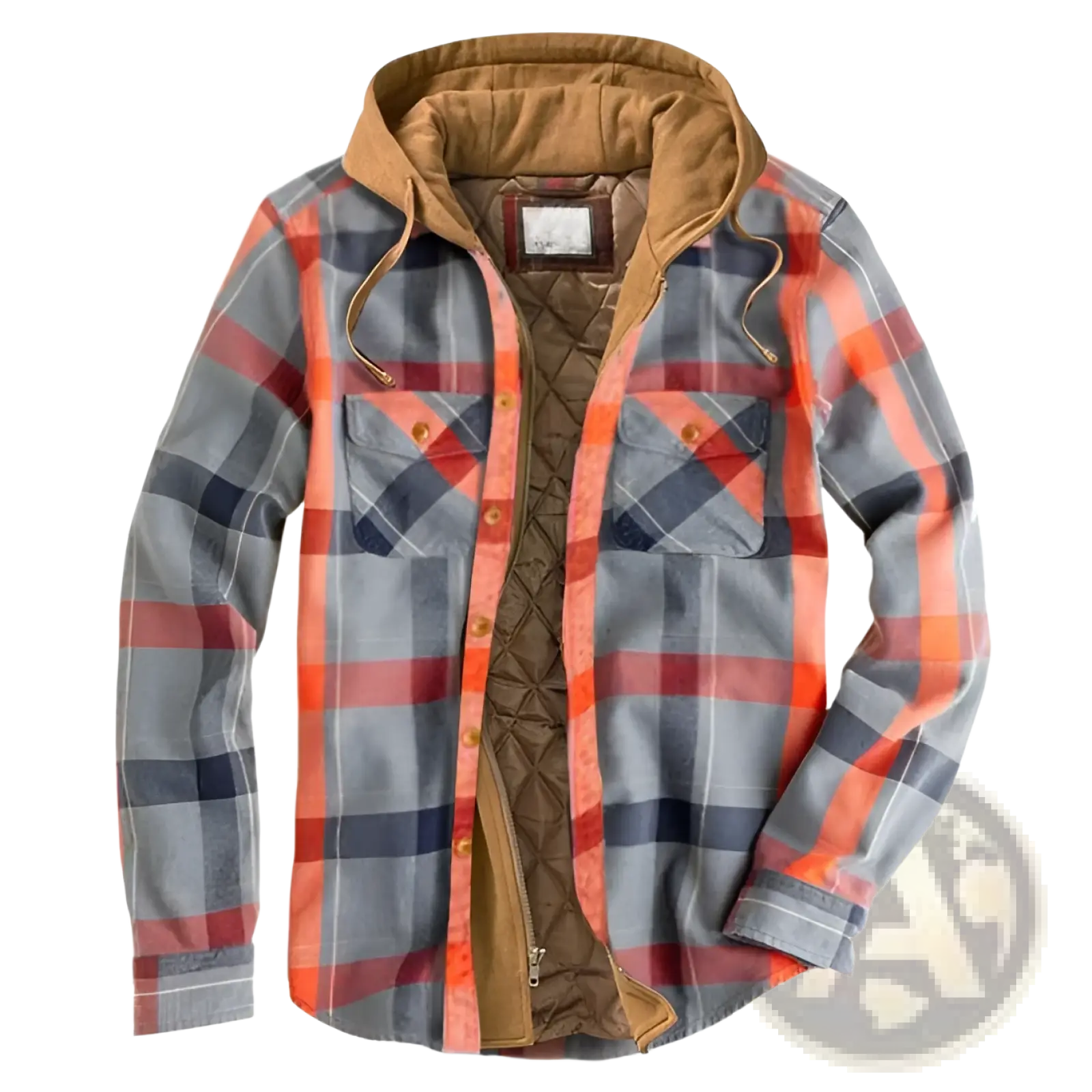 Men quilted plaid hooded jacket in gray orange and navy flannel with quilted tan lining and button closures