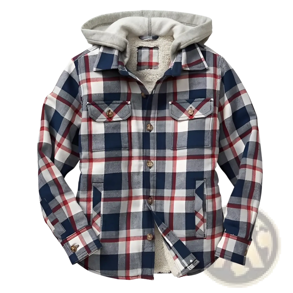 Men quilted plaid hooded jacket in navy red and white with soft fleece lining and cozy flannel material