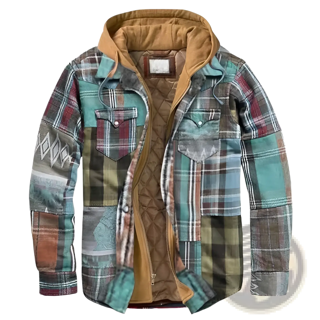 Men quilted plaid hooded jacket with cozy patchwork design and quilted tan interior in teal brown green and red