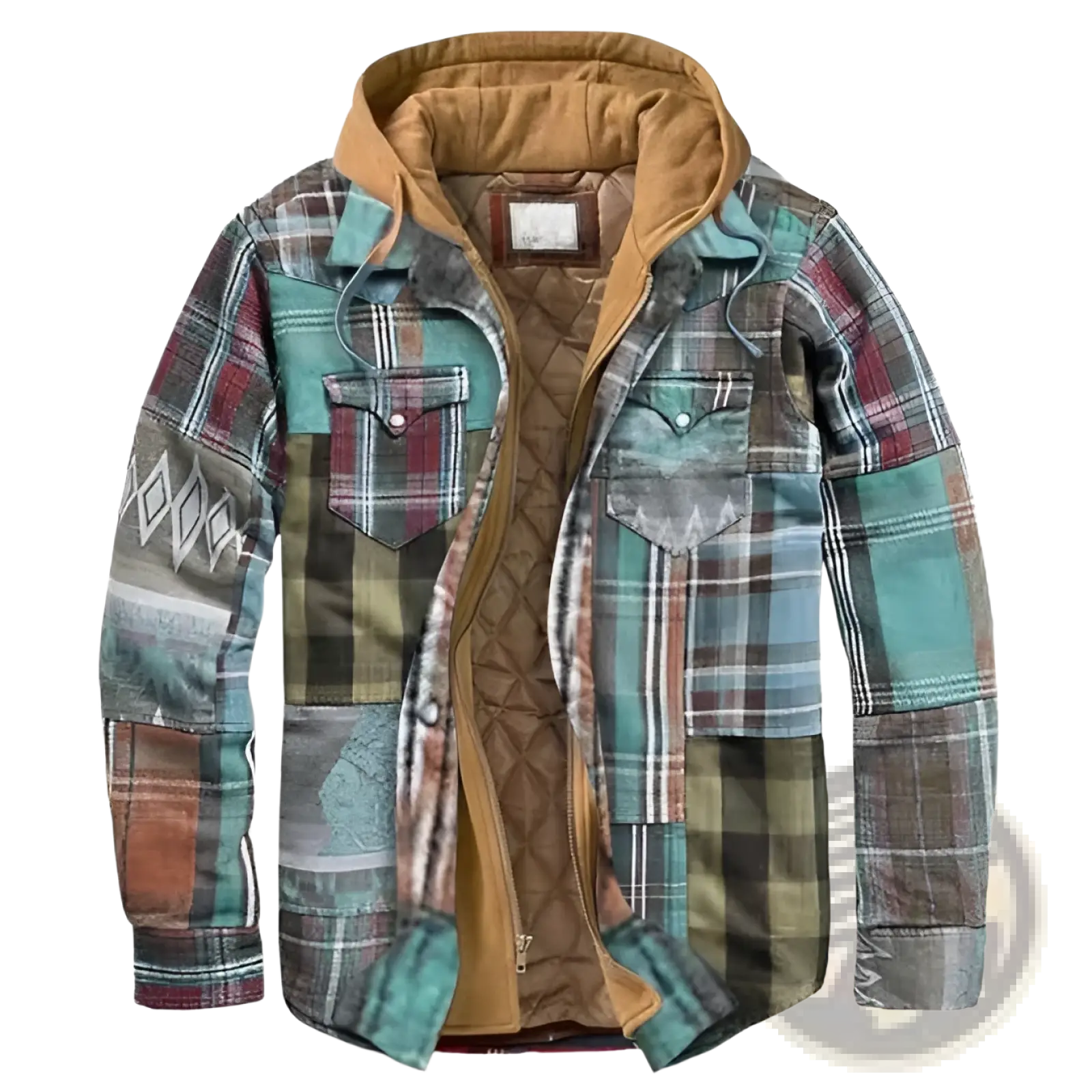 Men quilted plaid hooded jacket with cozy patchwork design and quilted tan interior in teal brown green and red