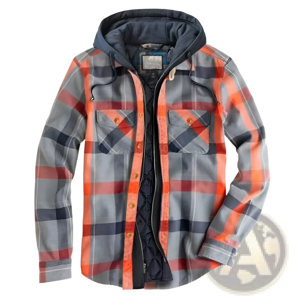 Men quilted plaid hooded jacket in orange gray and navy with quilted inner lining for added warmth