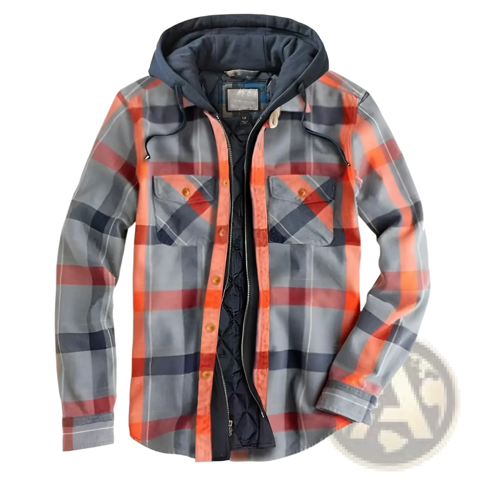Men quilted plaid hooded jacket in orange gray and navy with quilted inner lining for added warmth