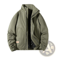Men quilted workwear jacket in olive green padded fabric with high collar zipper closure and two side pockets