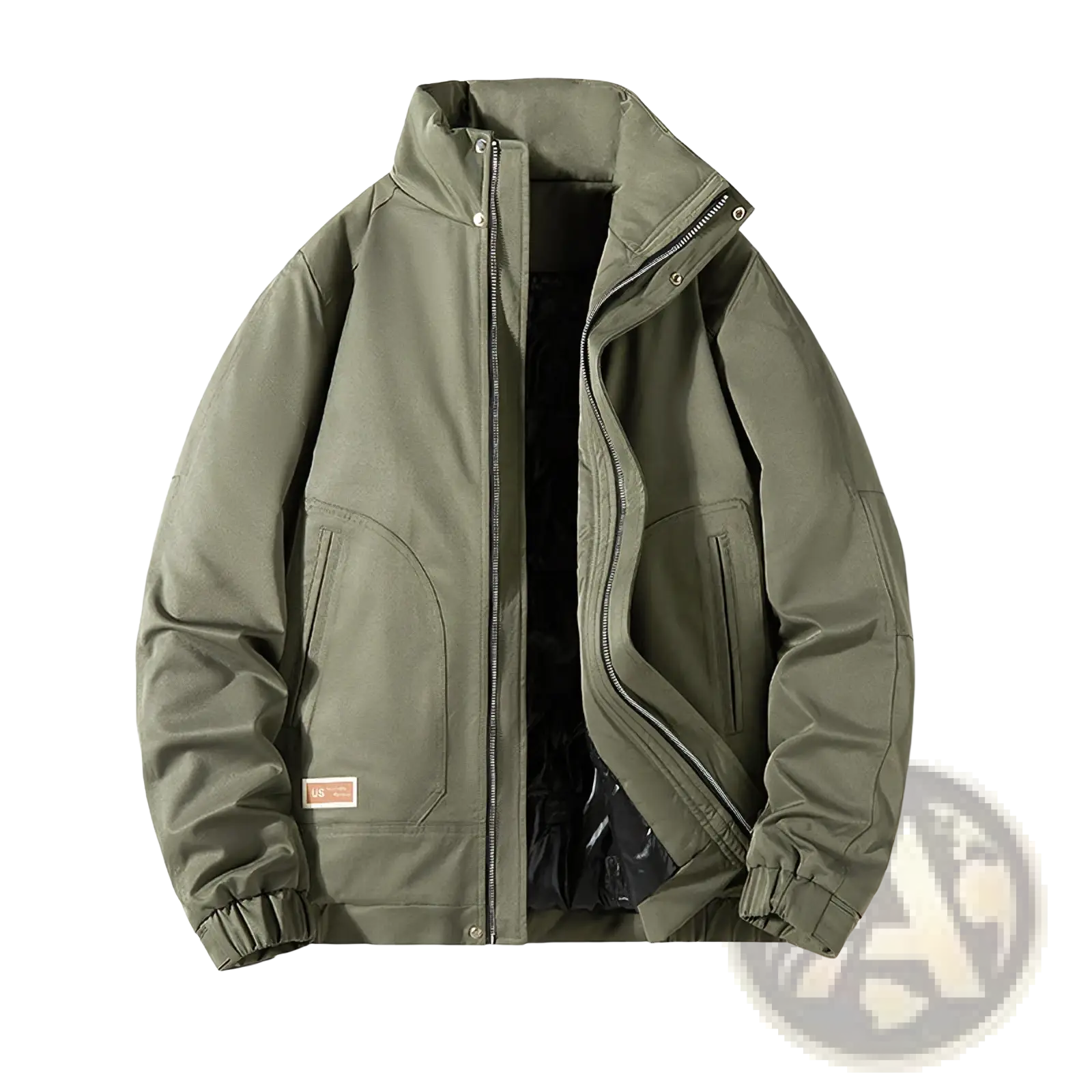 Men quilted workwear jacket in olive green padded fabric with high collar zipper closure and two side pockets