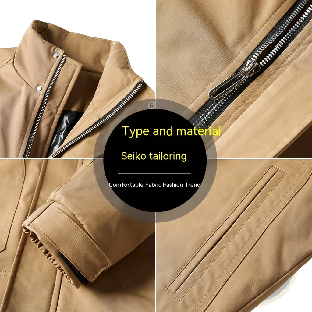 Men quilted workwear jacket in beige with black zipper accents, reinforced stitching, structured collar, and sleeve cuffs