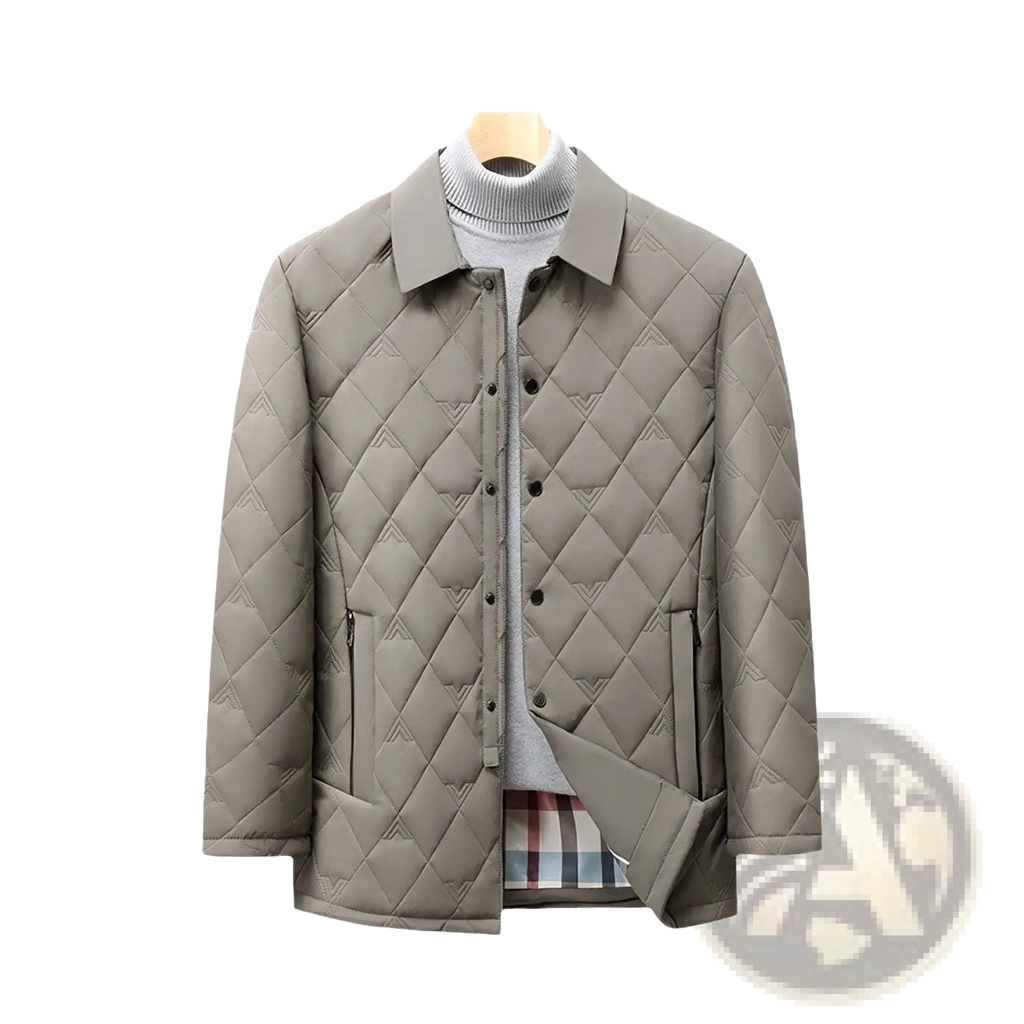 Men quilted workwear jacket in beige with diamond quilted pattern black buttons and two side pockets