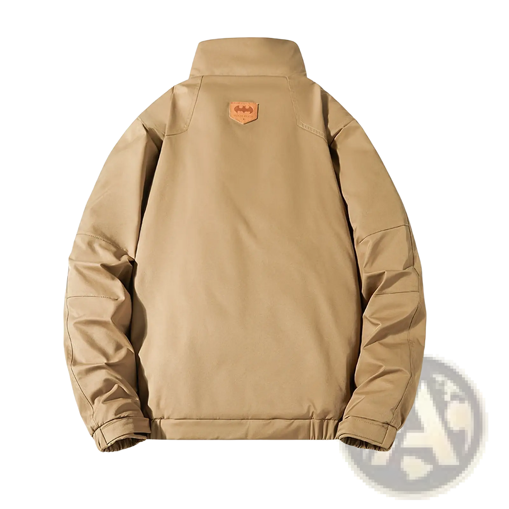 Beige men quilted workwear jacket back view with small tan leather patch on puffer jacket made for durability
