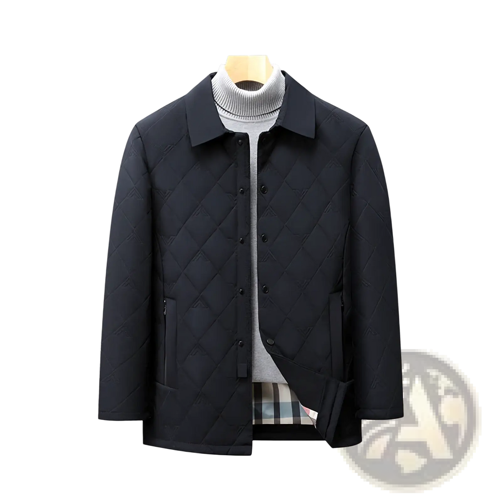Men quilted workwear jacket in black with classic collar button closure and subtle diagonal stitching patterns