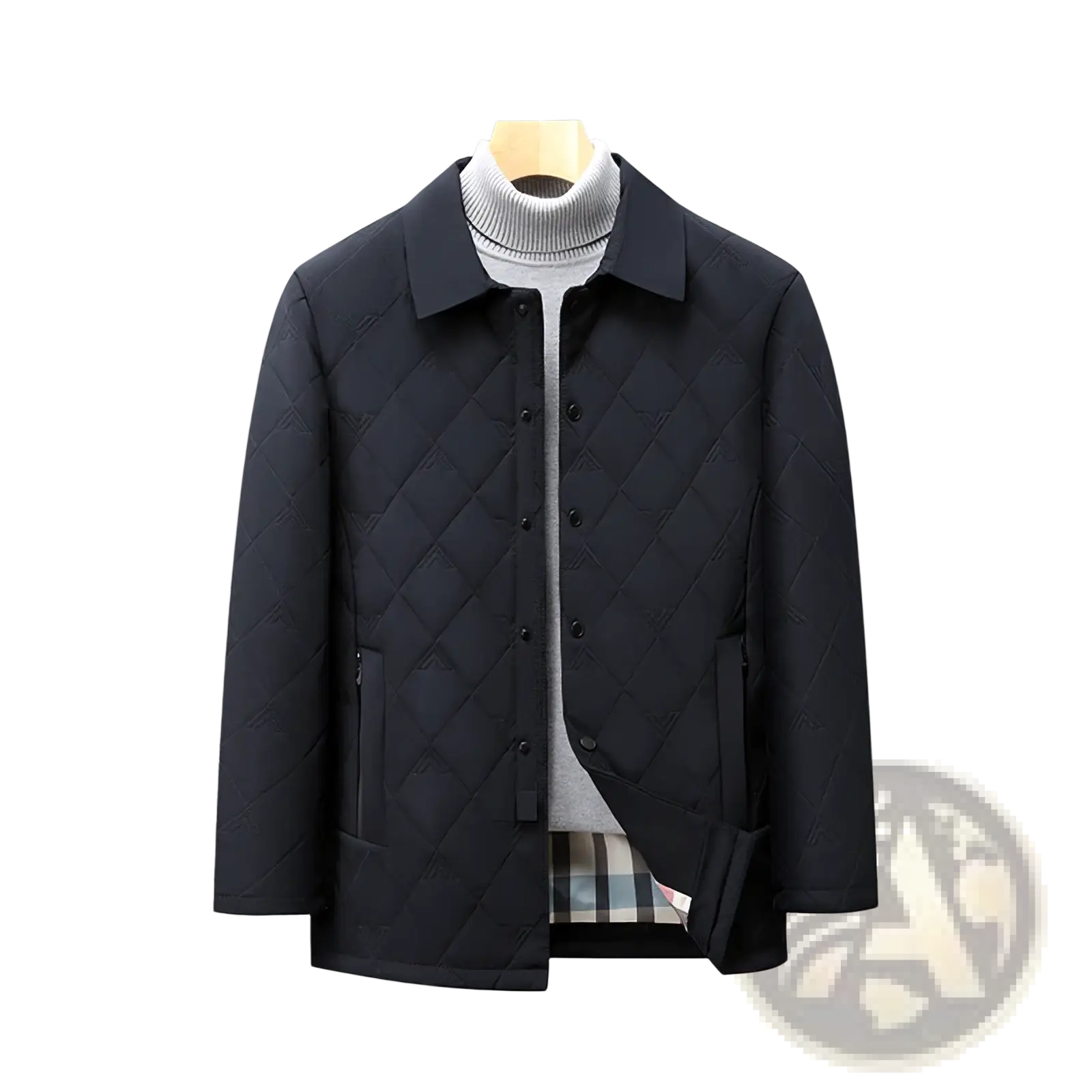 Men quilted workwear jacket in black with classic collar button closure and subtle diagonal stitching patterns