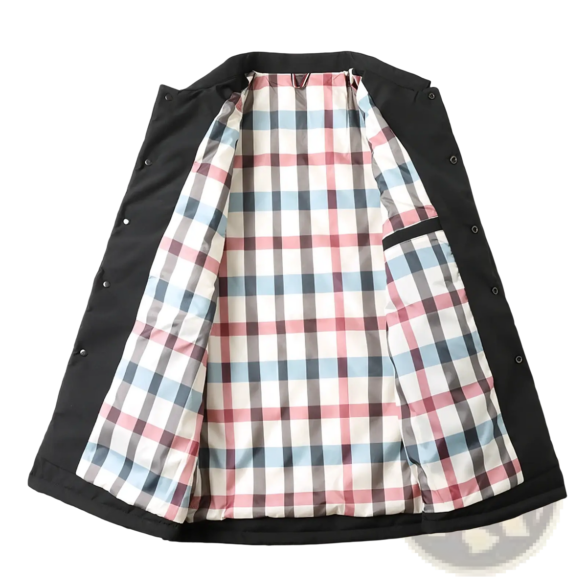 Men quilted workwear jacket with black outer shell and vibrant pink blue and gray plaid lining interior
