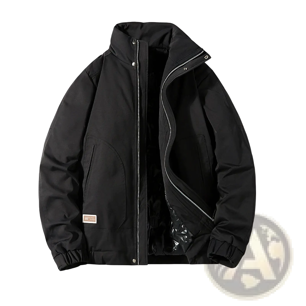 Men quilted workwear jacket in black puffer material with high collar zipper closure and elastic cuffs