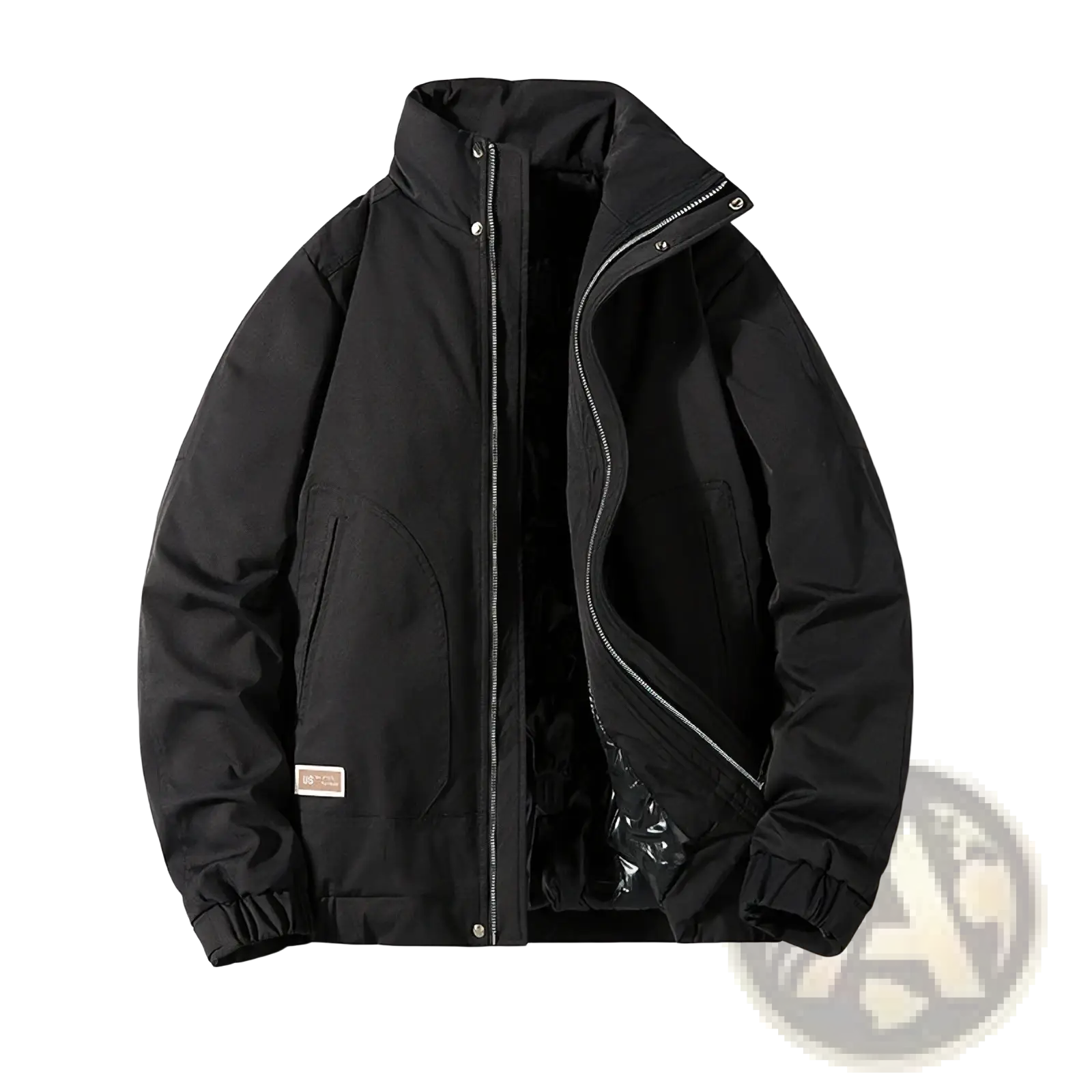 Men quilted workwear jacket in black puffer material with high collar zipper closure and elastic cuffs
