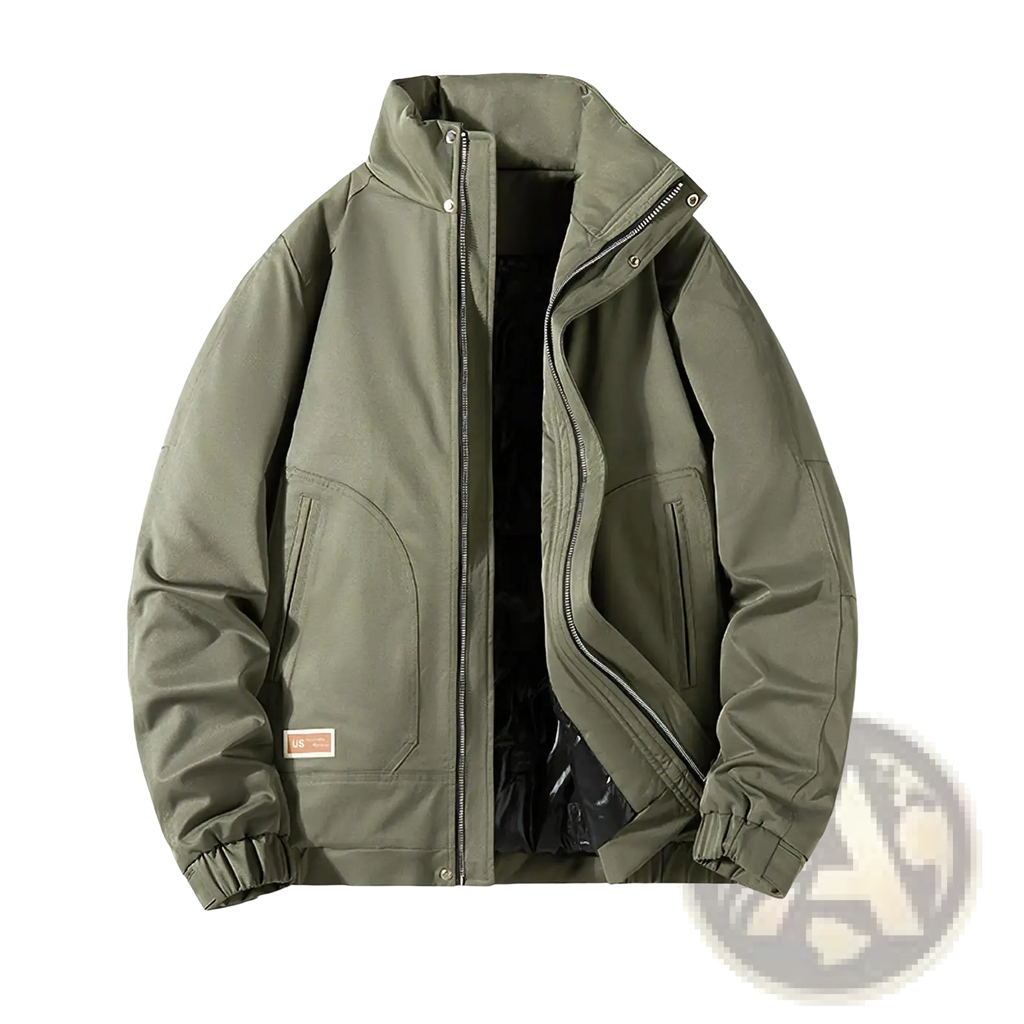 Men quilted workwear jacket in olive green padded fabric with high collar zipper closure and two side pockets