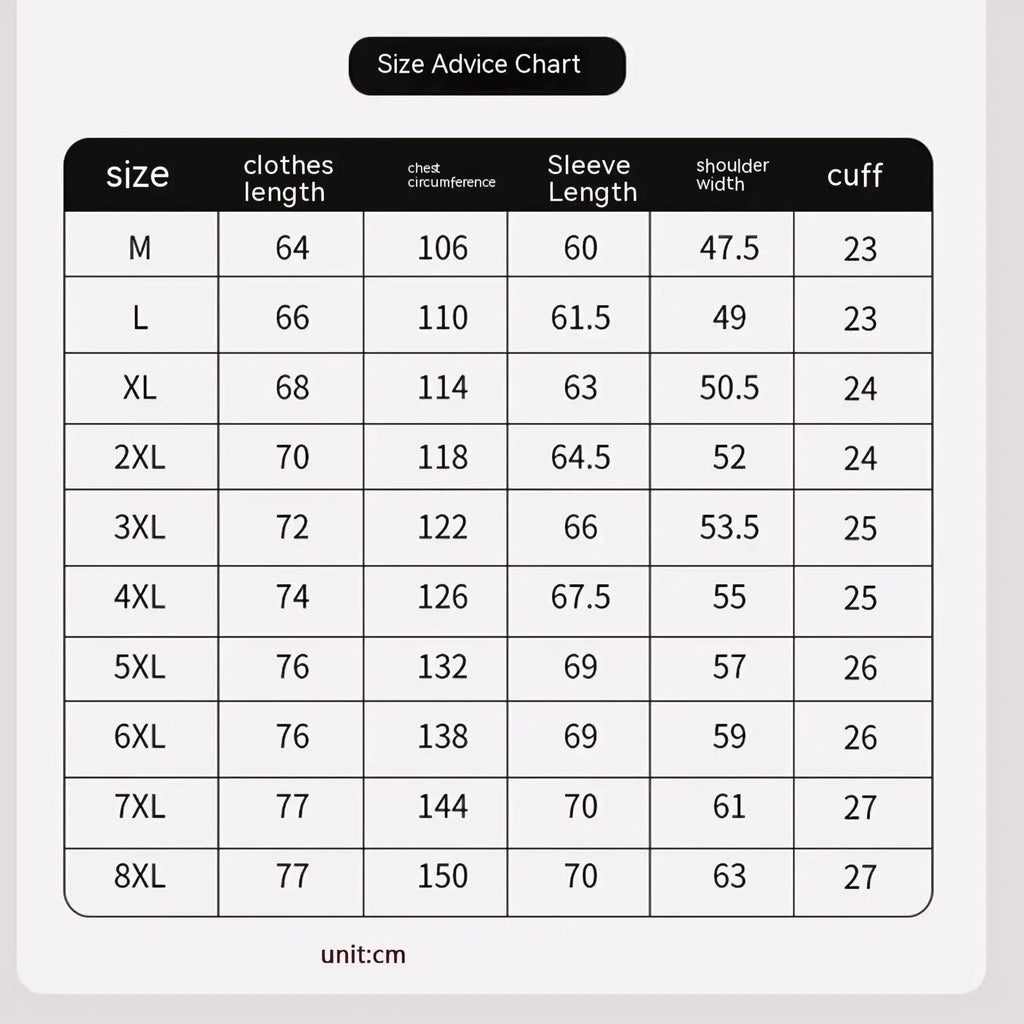 Size advice chart for men quilted workwear jacket showing measurements in centimeters from size M to 8XL