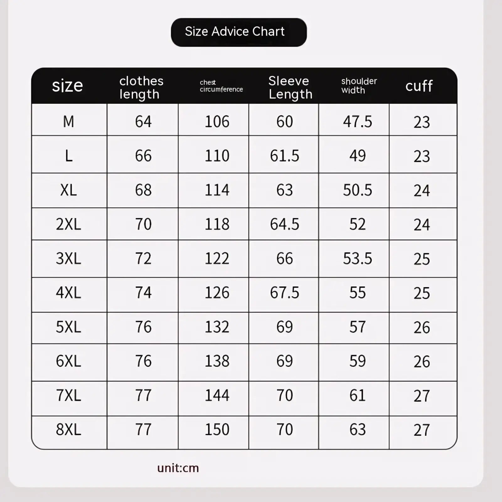 Size advice chart for men quilted workwear jacket showing measurements in centimeters from size M to 8XL