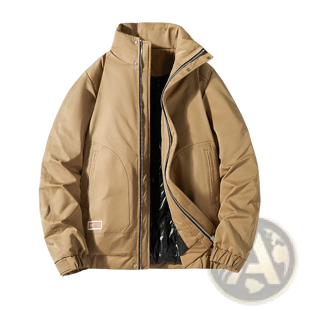 Men quilted workwear jacket in tan puffer style with stand-up collar, front zipper, and two side pockets