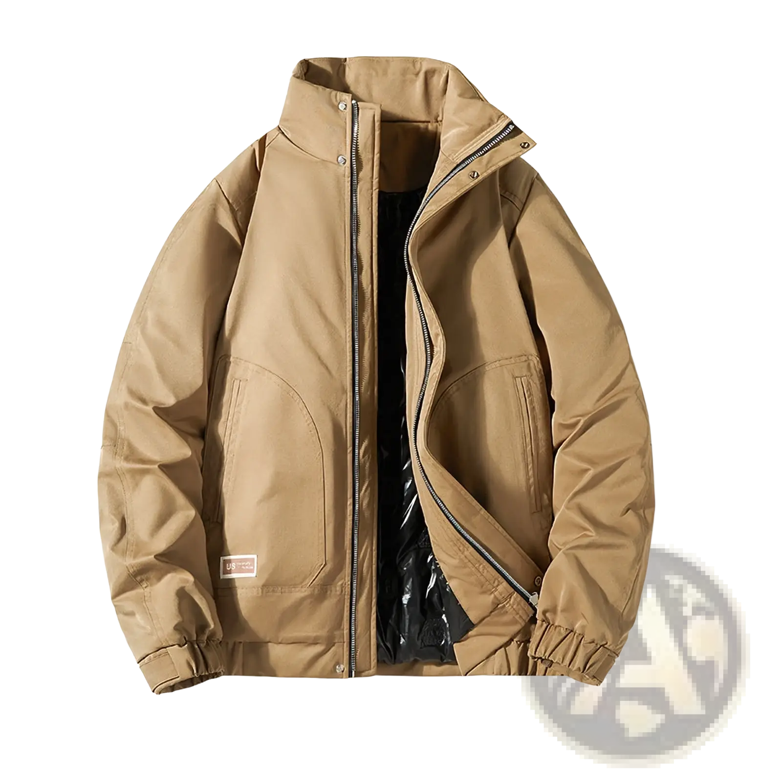 Men quilted workwear jacket in tan puffer style with stand-up collar, front zipper, and two side pockets