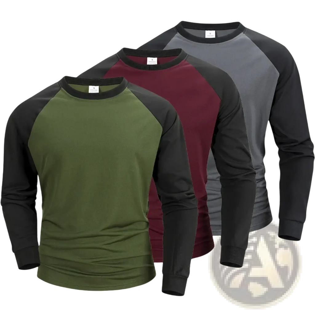 Men raglan long sleeve t-shirts in olive green maroon and gray with black sleeves and collars made of soft fabric