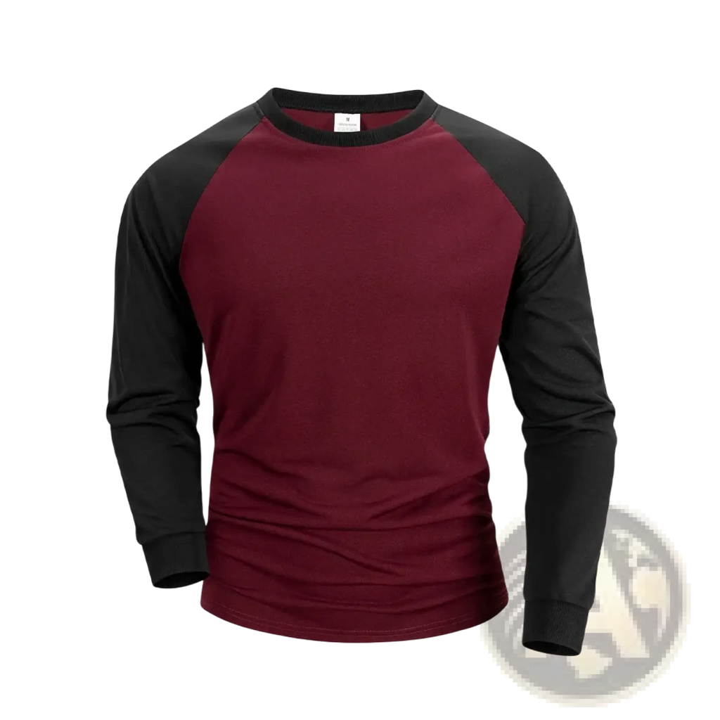Men raglan long sleeve t-shirt in maroon and black with ribbed cuffs and collar made from soft cotton fabric