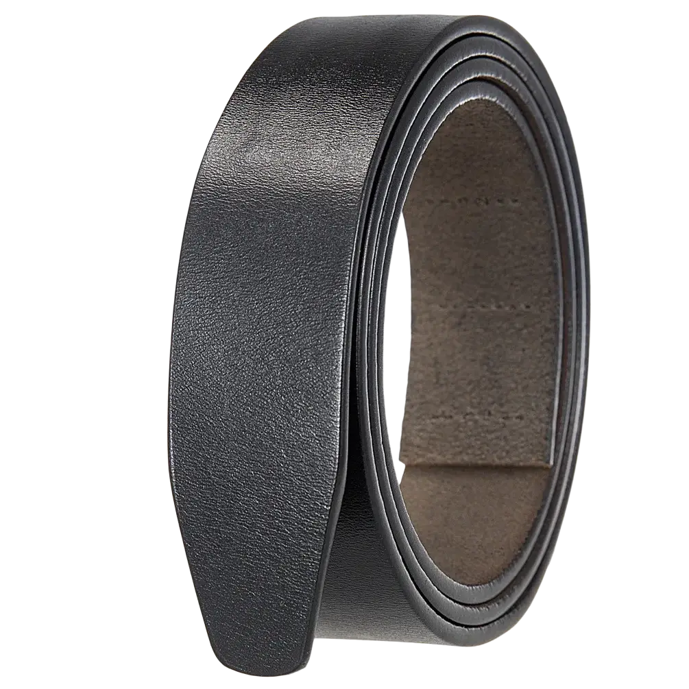 Men ratchet leather belt holeless strap 3.5cm in black with smooth textured leather and visible edge stitching
