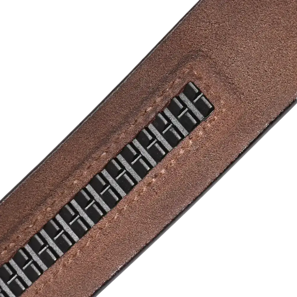 Brown leather men ratchet holeless strap belt with black textured zipper pull and embossed pattern 3.5cm width