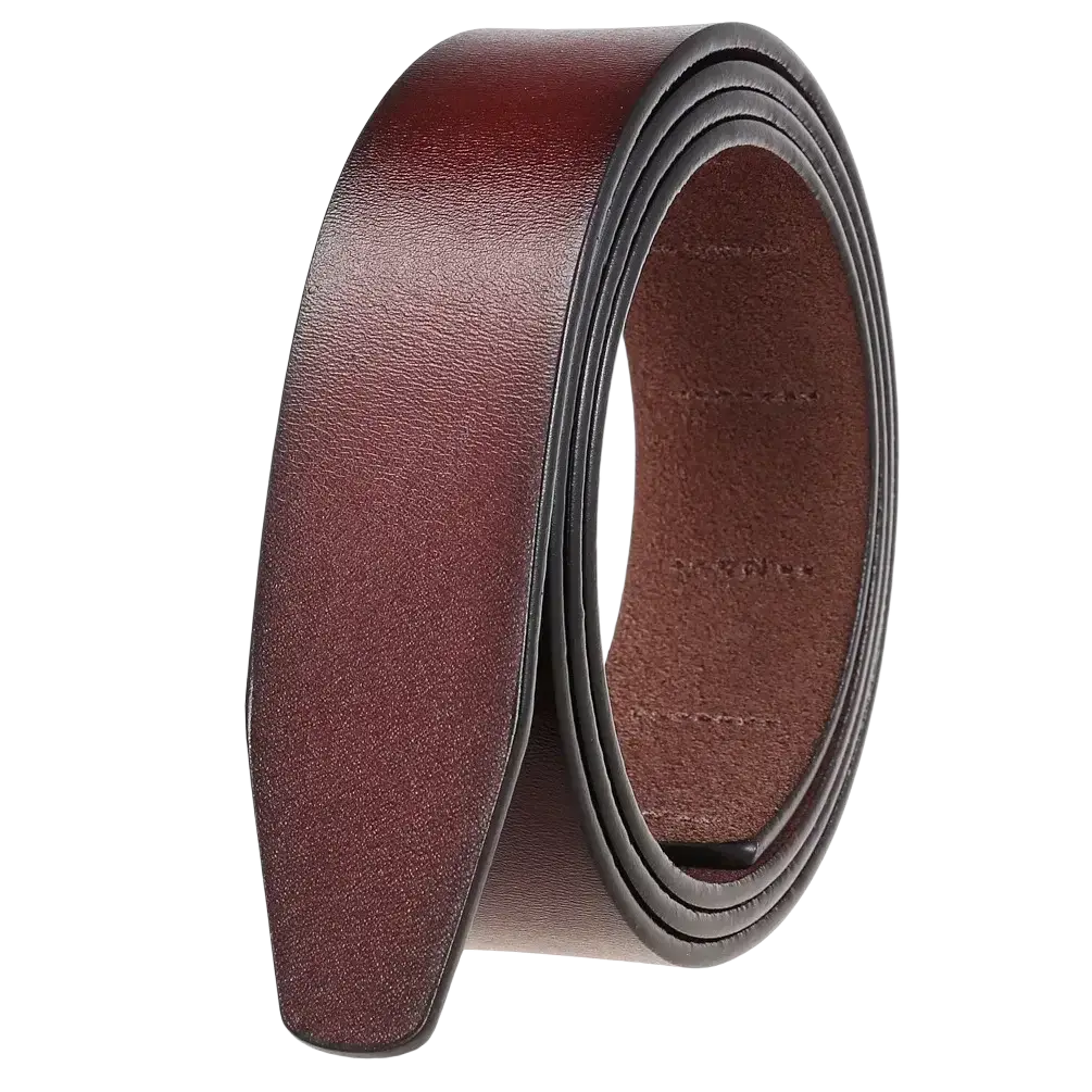 A coiled brown men ratchet leather belt with a smooth holeless strap and visible stitching along the inner edge