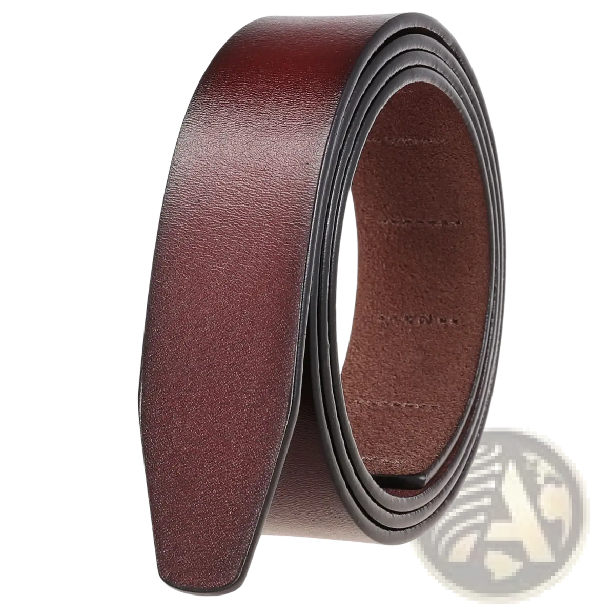 A coiled men ratchet leather belt holeless strap 3.5cm in brown with smooth textured surface and black edge stitching