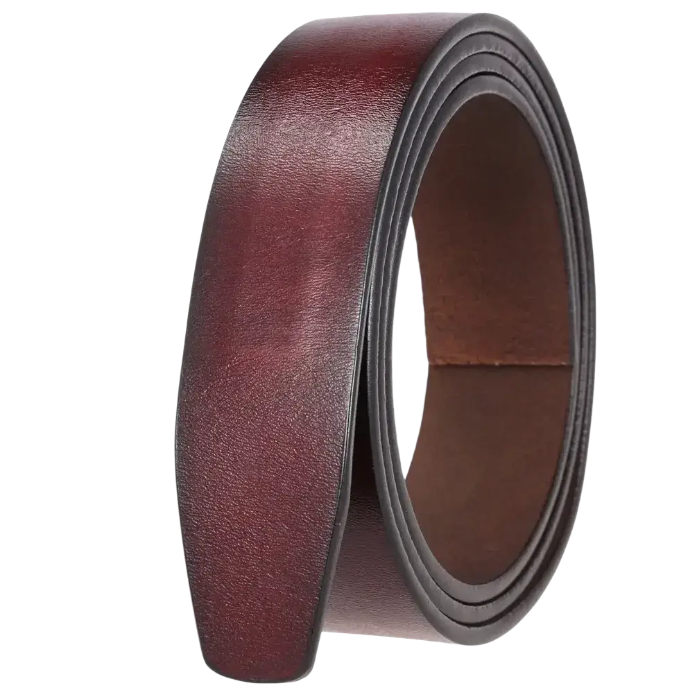 A coiled burgundy men ratchet leather belt with smooth texture and dark brown holeless strap inner lining 3.5cm wide