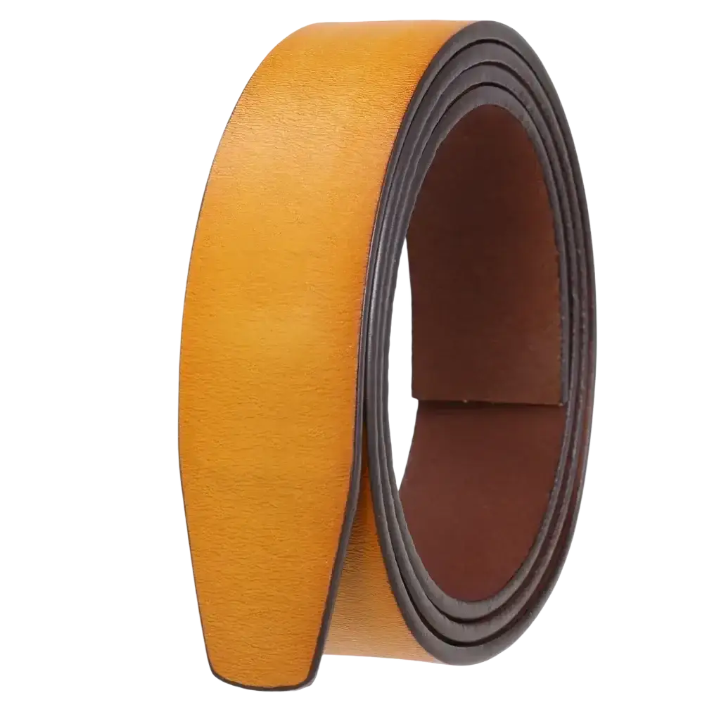 A coiled tan men ratchet leather belt with smooth finish and dark brown inner lining holeless strap 3.5cm wide
