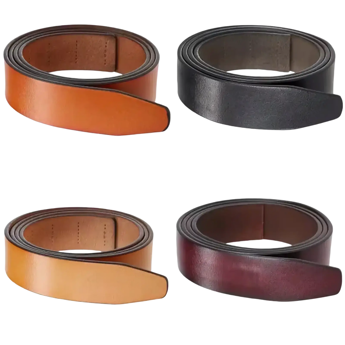 Four coiled men ratchet leather belts with holeless strap in tan black light brown and burgundy hues 3.5cm width