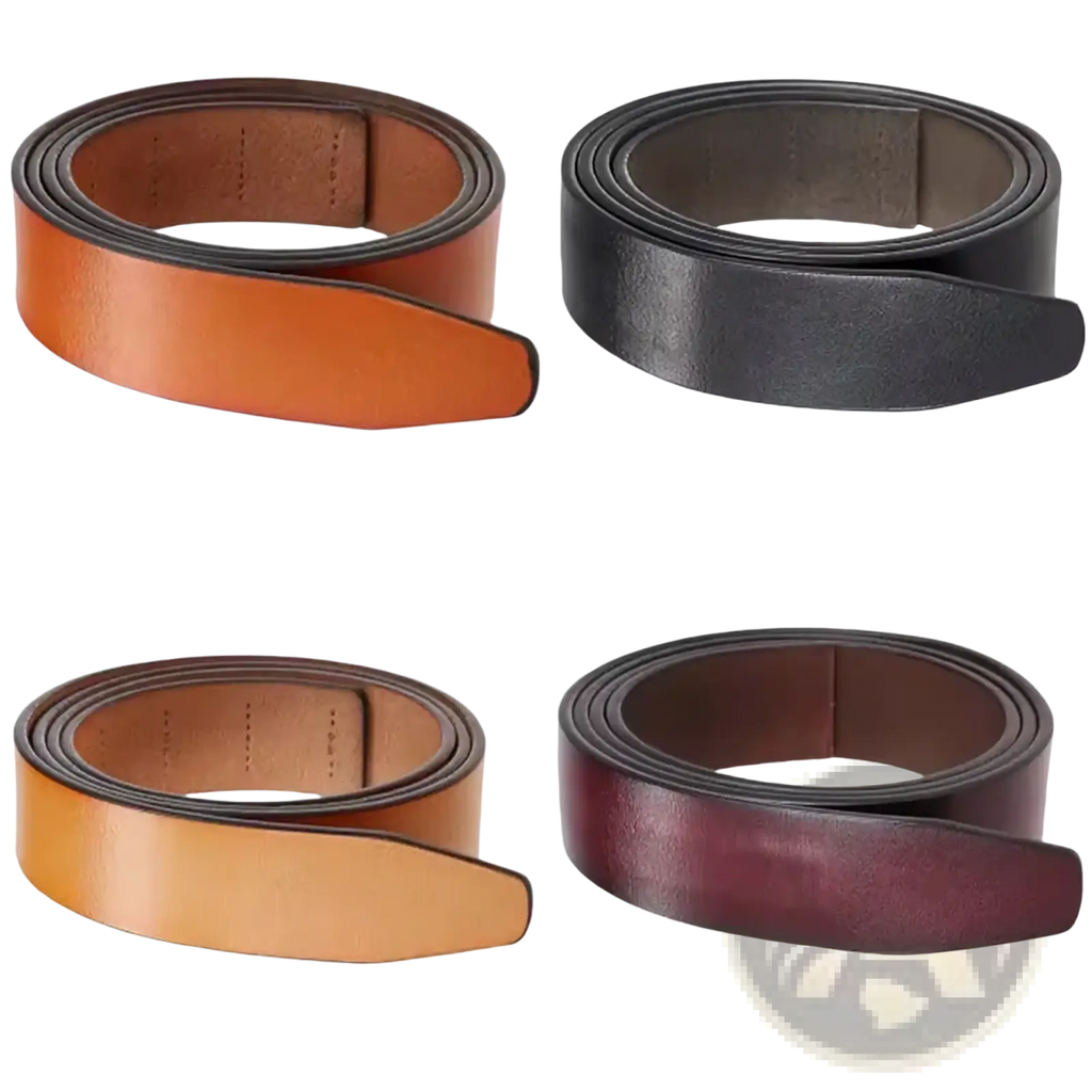 Four coiled men ratchet leather belts in tan black light brown and burgundy featuring holeless 3.5cm straps