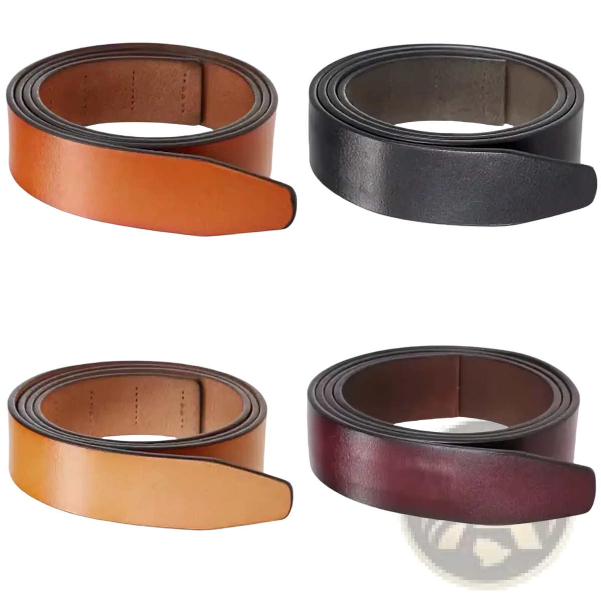 Four coiled men ratchet leather belts in tan black light brown and burgundy featuring holeless 3.5cm straps