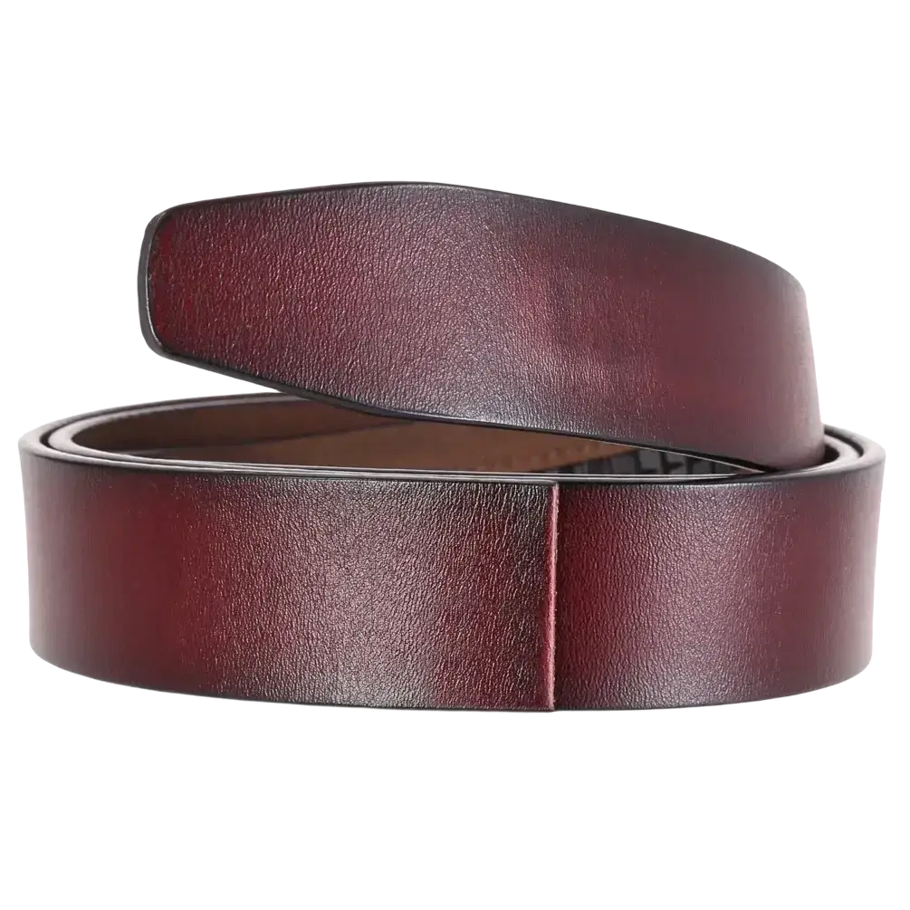 A rich burgundy men ratchet leather belt with holeless strap and visible stitching on smooth textured surface